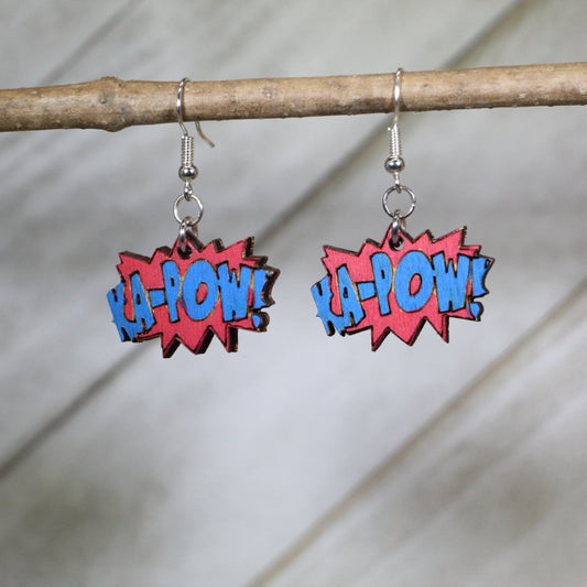 Cartoon "KA_POW!" Sound Effect Wooden Dangle Earrings - - Cate's Concepts, LLC