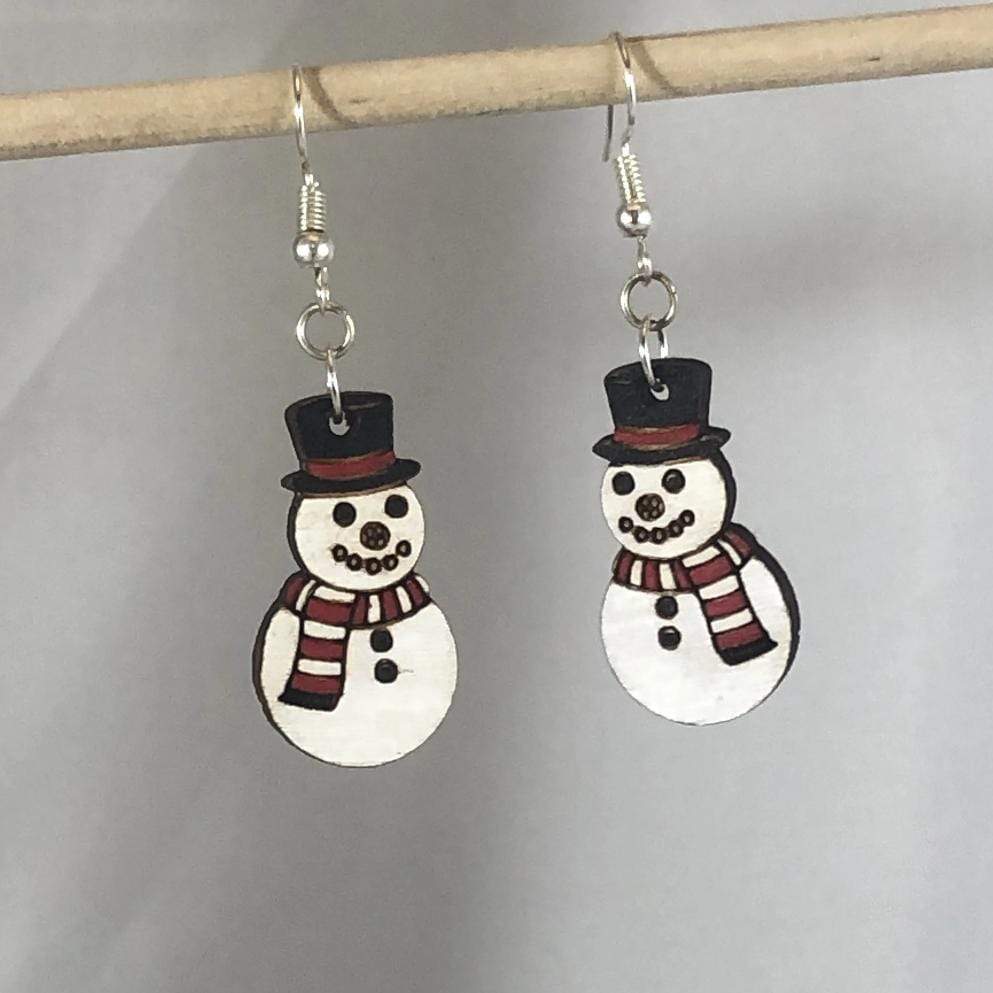 Christmas Button Nose Snowman Wooden Dangle Earrings - - Cate's Concepts, LLC