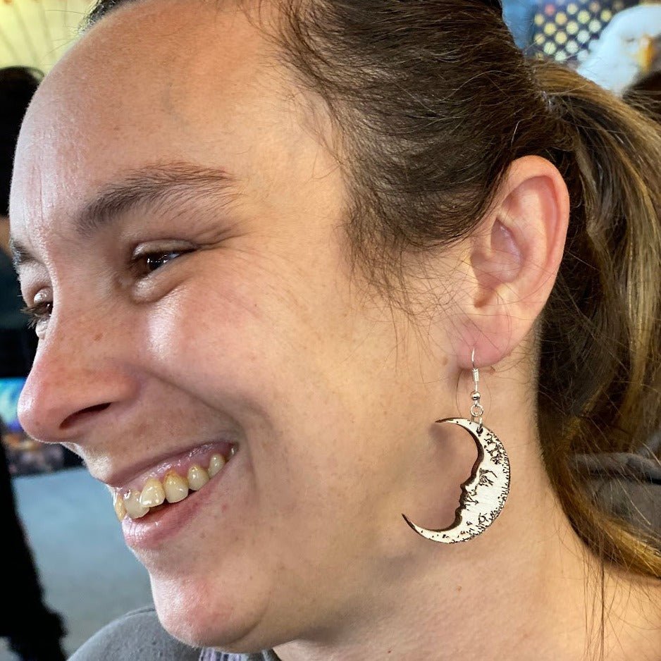 Crescent Moon Face Wooden Dangle Earrings - - Cate's Concepts, LLC