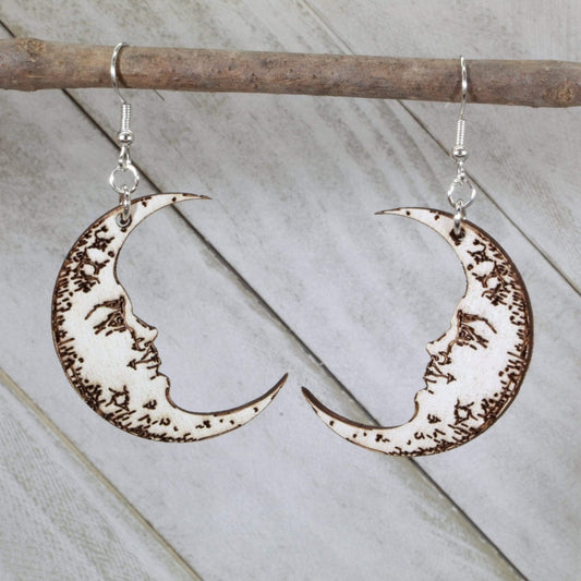 Crescent Moon Face Wooden Dangle Earrings - - Cate's Concepts, LLC