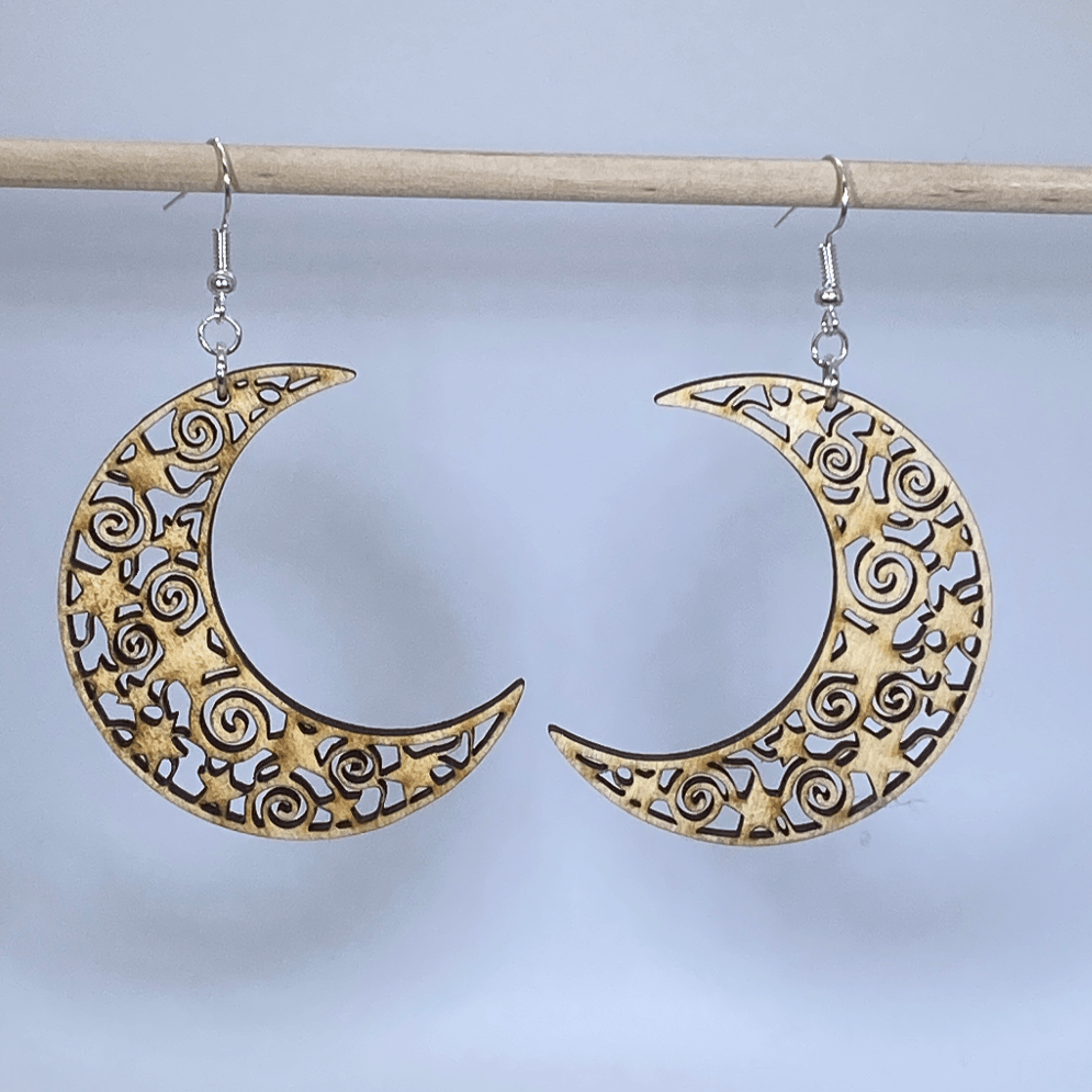 Crescent Moon Wooden Dangle Earrings - - Cate's Concepts, LLC