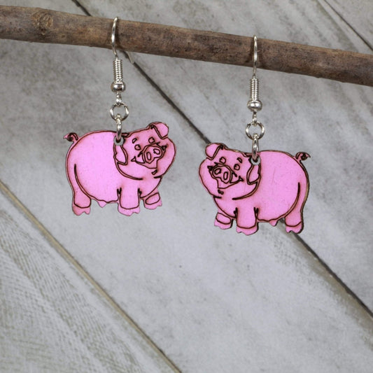Cute Pig Wooden Dangle Earrings - - Cate's Concepts, LLC