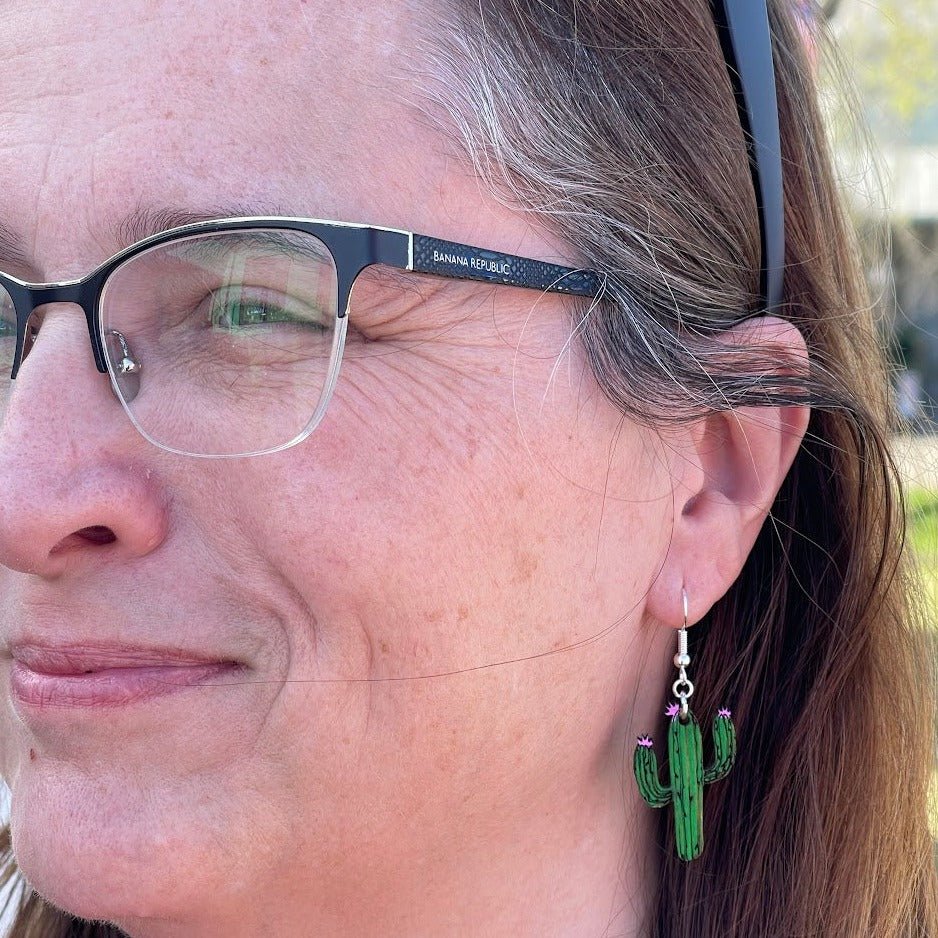 Desert Cactus Wooden Dangle Earrings - - Cate's Concepts, LLC