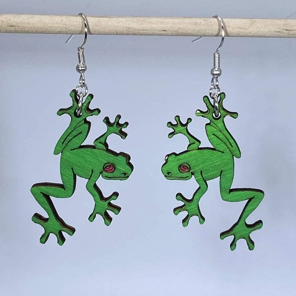 Green Rainforest Tree Frogs Wooden Dangle Earrings - - Cate's Concepts, LLC