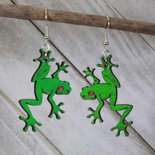 Green Rainforest Tree Frogs Wooden Dangle Earrings - - Cate's Concepts, LLC