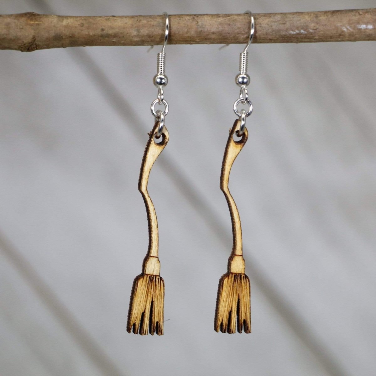 Halloween Witches Broom Wooden Dangle Earrings - - Cate's Concepts, LLC