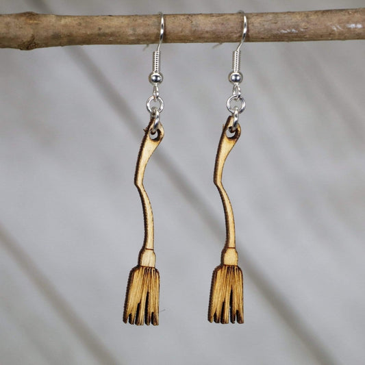 Halloween Witches Broom Wooden Dangle Earrings - - Cate's Concepts, LLC