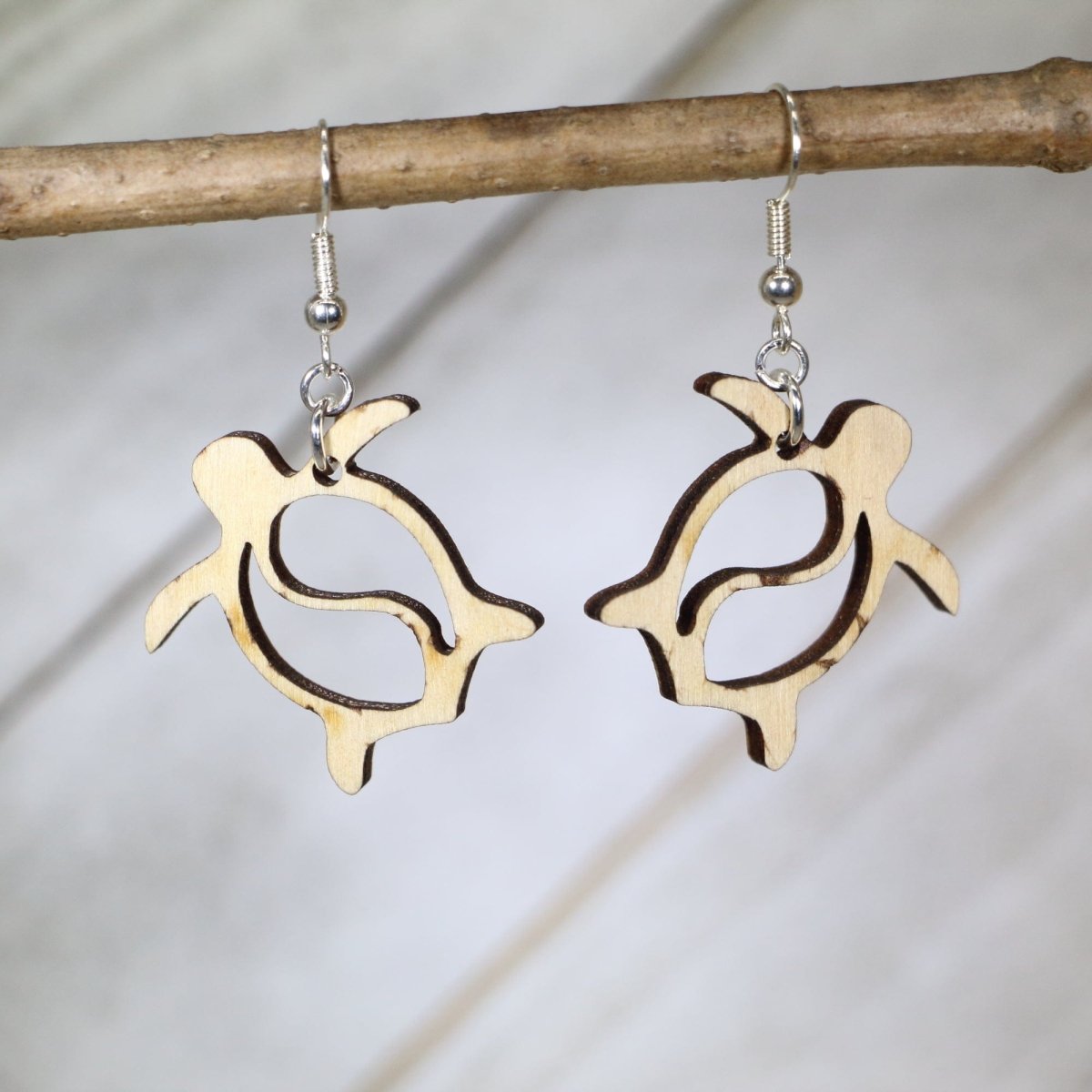 Hawaiian Sea Turtle Wooden Dangle Earrings - Natural Wood - Cate's Concepts, LLC