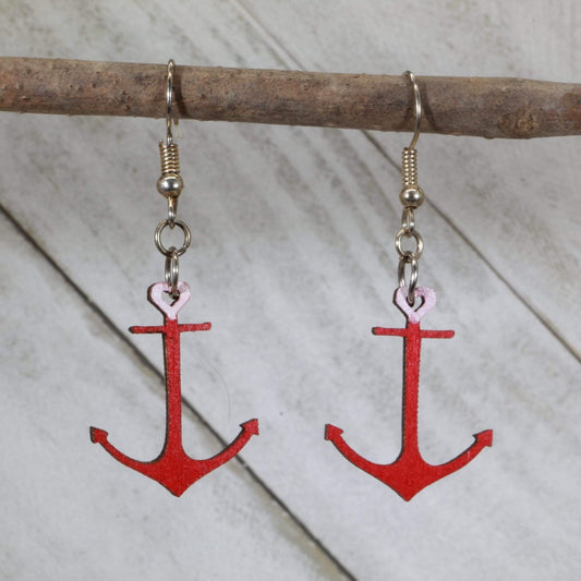 Heart Anchor Wooden Dangle Earrings - Red and White - Cate's Concepts, LLC