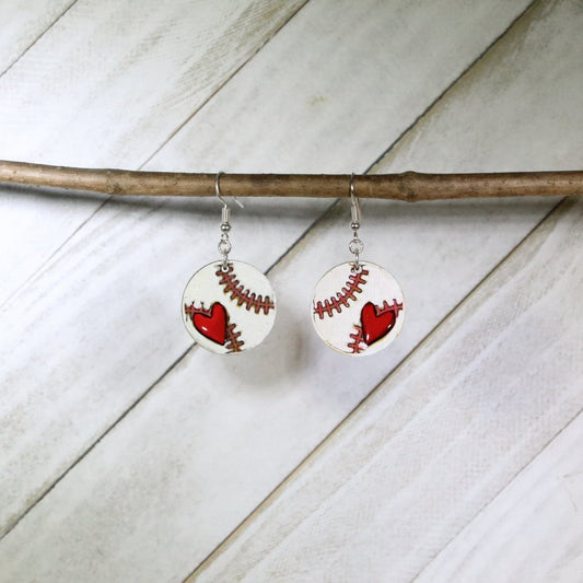 Heart Baseball Dangle Earrings - - Cate's Concepts, LLC