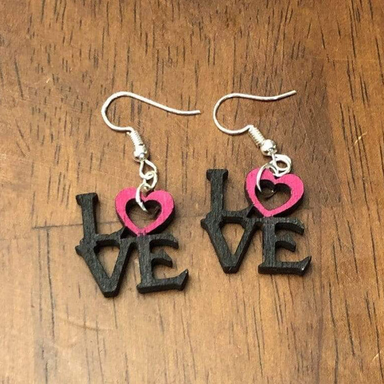 Heart LOVE Wooden Dangle Earrings - Black / Red - Cate's Concepts, LLC