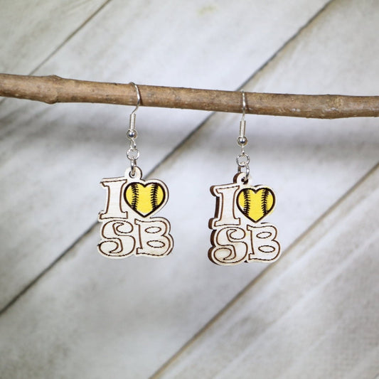 I Love SoftBall Wooden Dangle Earrings - - Cate's Concepts, LLC