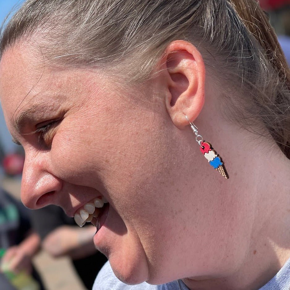 Ice Cream Cone Wooden Dangle Earrings - Red White & Blue - Cate's Concepts, LLC