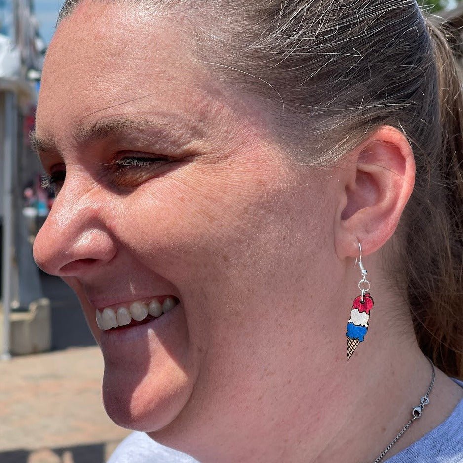 Ice Cream Cone Wooden Dangle Earrings - Red White & Blue - Cate's Concepts, LLC