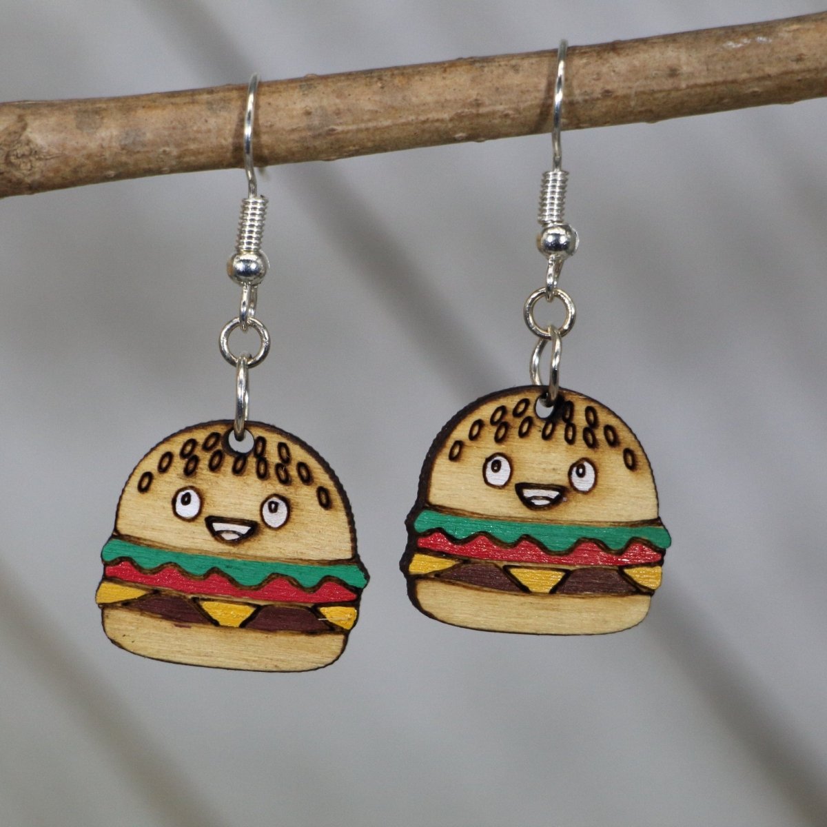 Kawaii Cheeseburger Wooden Earrings - Dangle - Cate's Concepts, LLC