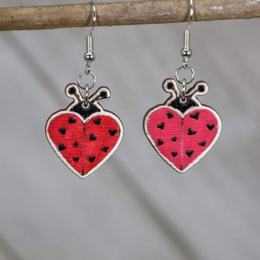 Ladybug Wooden Dangle Earrings - - Cate's Concepts, LLC