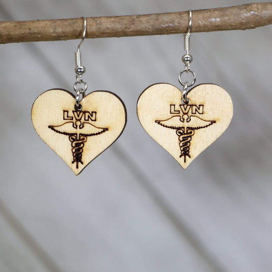 Licensed Vocational Nurse "LVN" Wooden Dangle Earrings - - Cate's Concepts, LLC