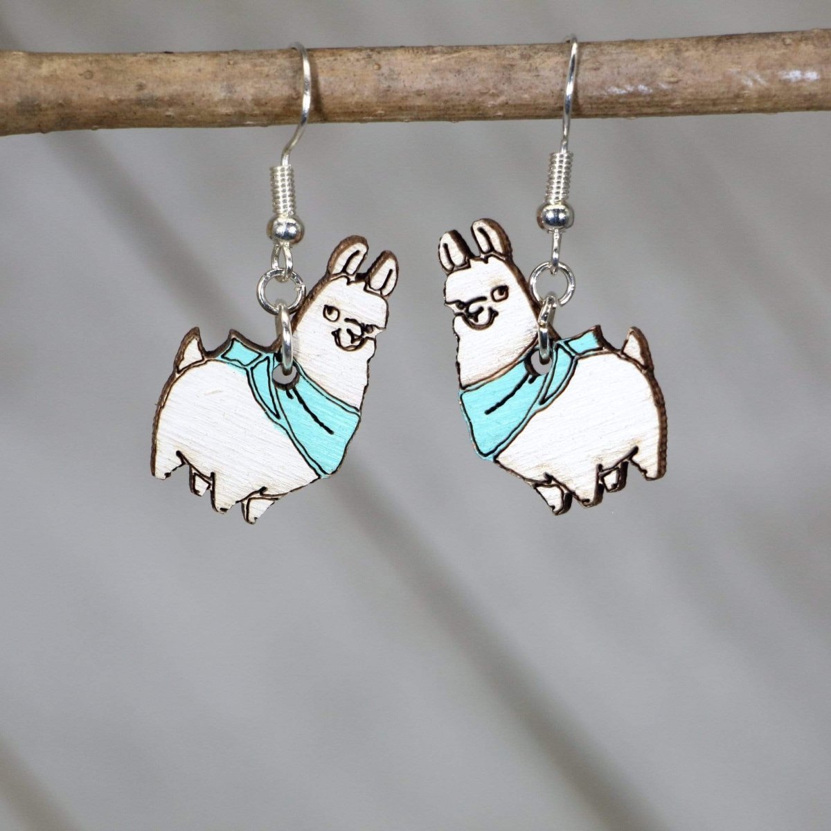 Llama with Scarf Wooden Dangle Earrings - Aqua - Cate's Concepts, LLC