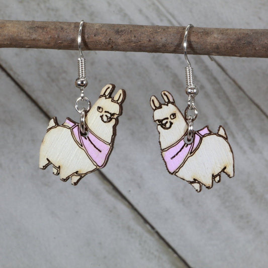 Llama with Scarf Wooden Dangle Earrings - Light Pink - Cate's Concepts, LLC
