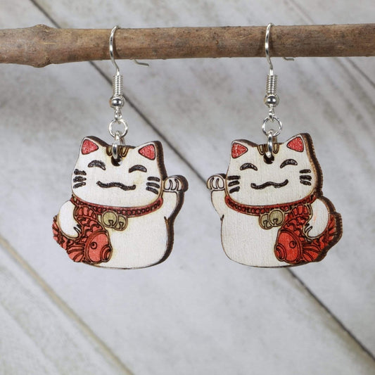 Lucky Cat Wooden Dangle Earrings - - Cate's Concepts, LLC