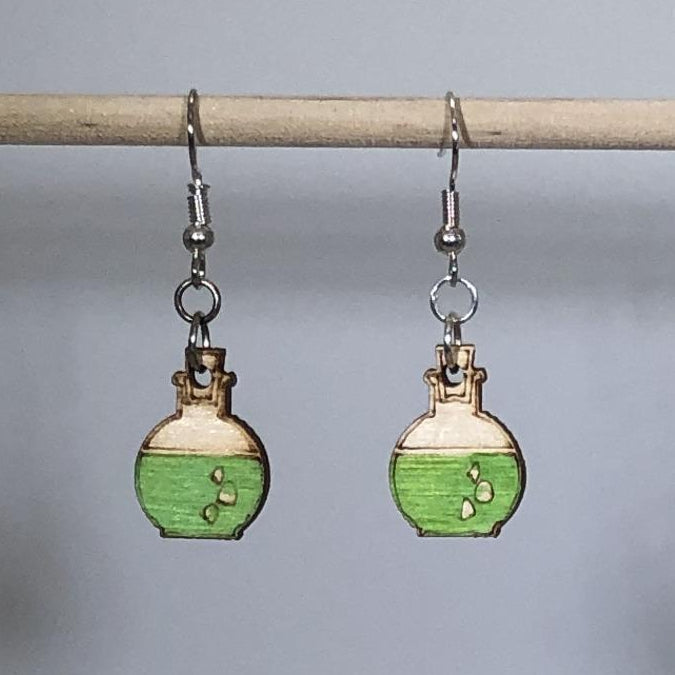 Mad Scientist Potion Bottle Dangle Earrings - Green Dangle - Cate's Concepts, LLC
