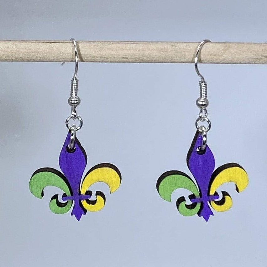 Mardi Gras Fleur-de-lis Wooden Dangle Earrings - - Cate's Concepts, LLC