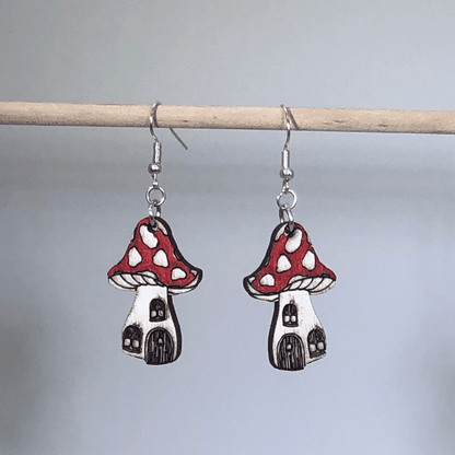 Mushroom House Wooden Dangle Earrings - - Cate's Concepts, LLC