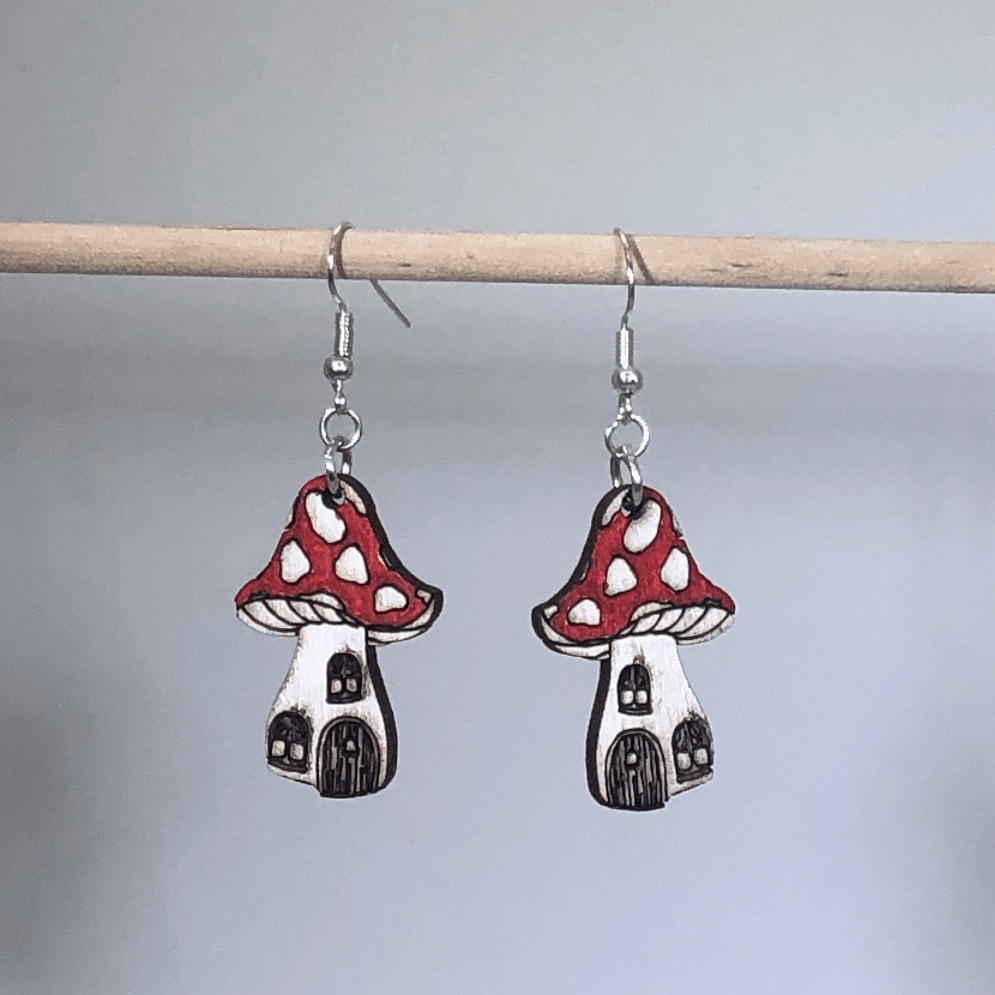 Mushroom House Wooden Dangle Earrings - - Cate's Concepts, LLC