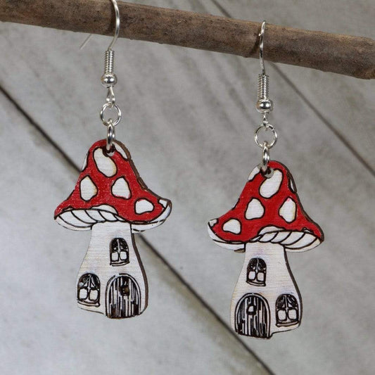 Mushroom House Wooden Dangle Earrings - - Cate's Concepts, LLC