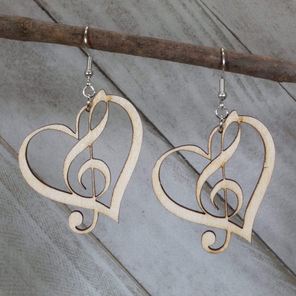 Music Treble Clef Heart Wooden Dangle Earrings - - Cate's Concepts, LLC