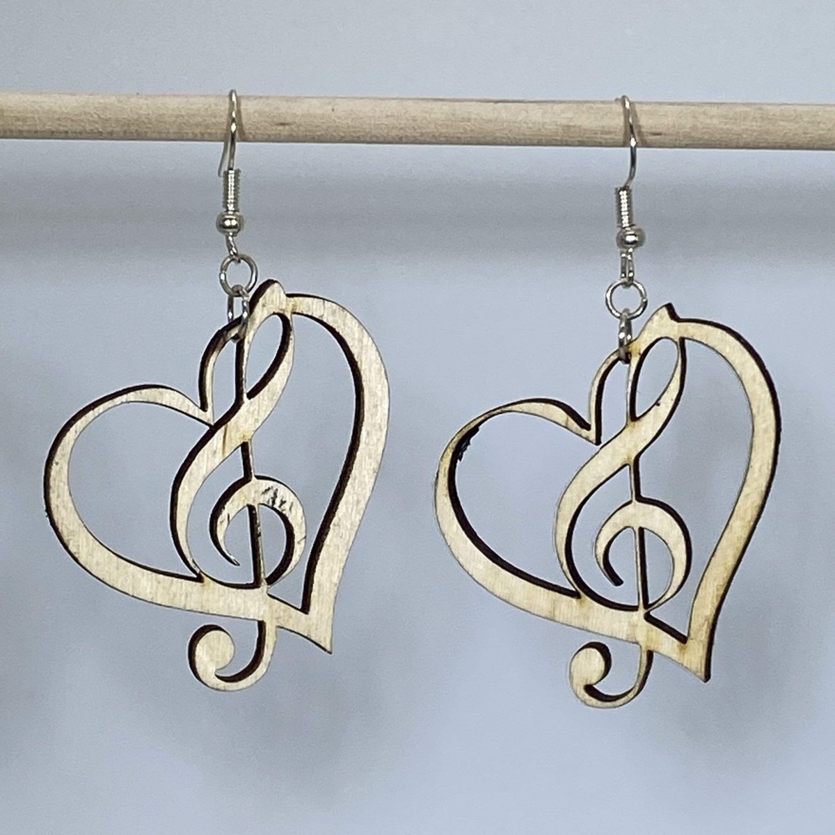 Music Treble Clef Heart Wooden Dangle Earrings - - Cate's Concepts, LLC