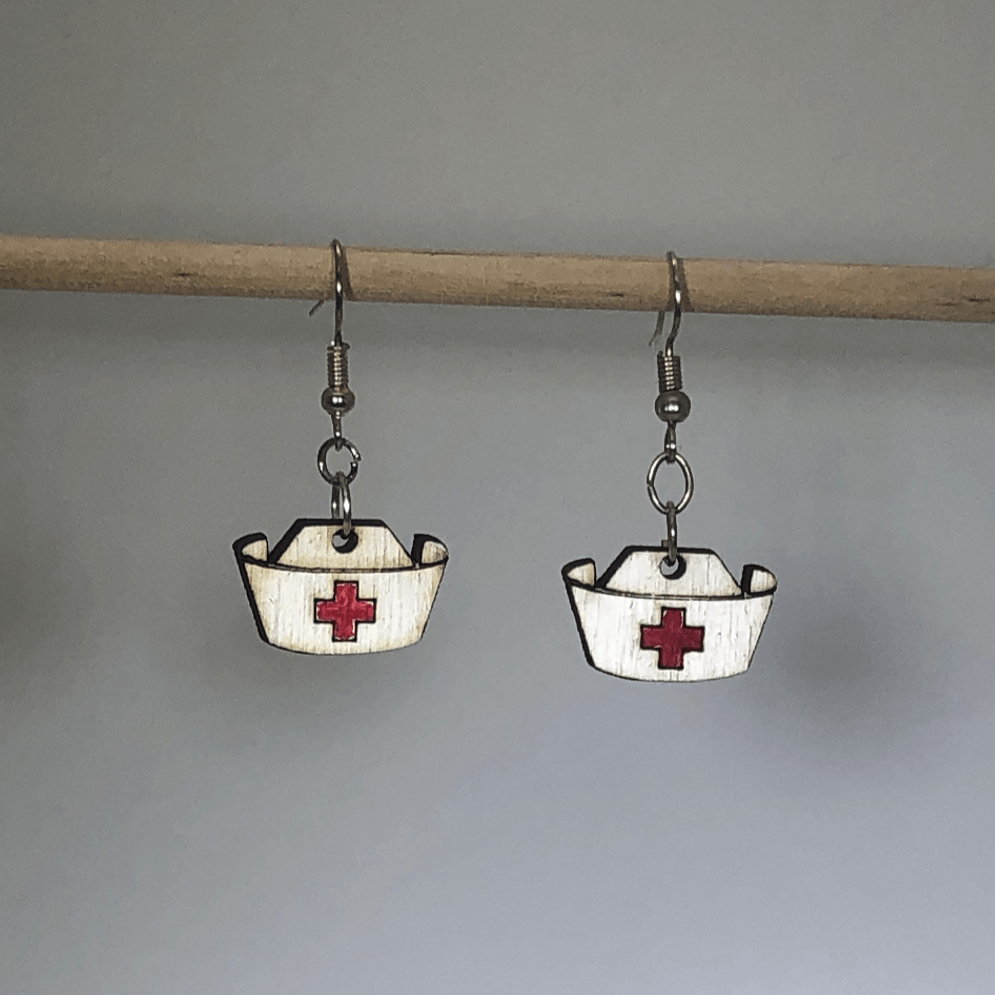 Nurse's Hat Wooden Dangle Earrings - - Cate's Concepts, LLC