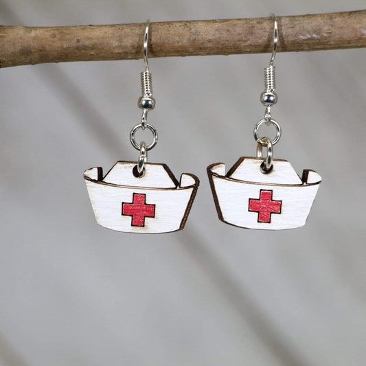 Nurse's Hat Wooden Dangle Earrings - - Cate's Concepts, LLC