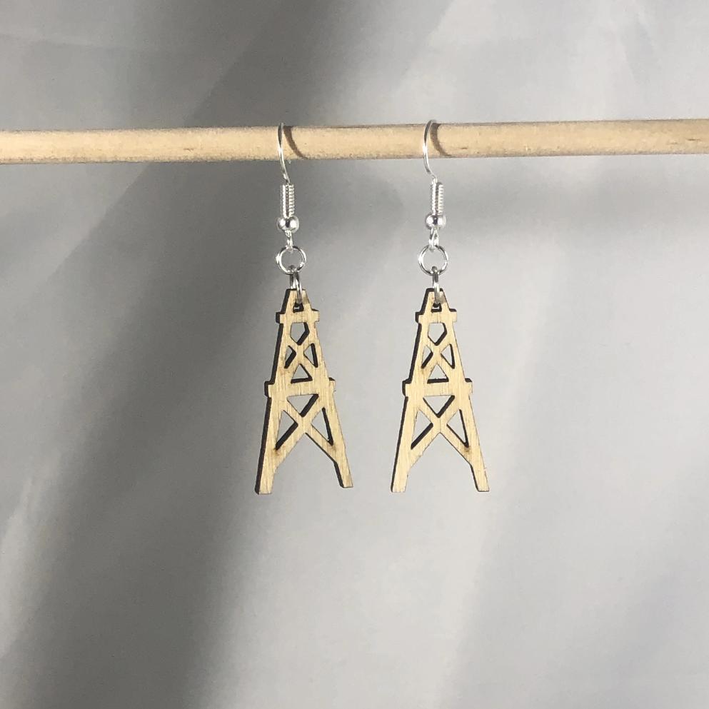 Oil Derricks Wooden Dangle Earrings - - Cate's Concepts, LLC