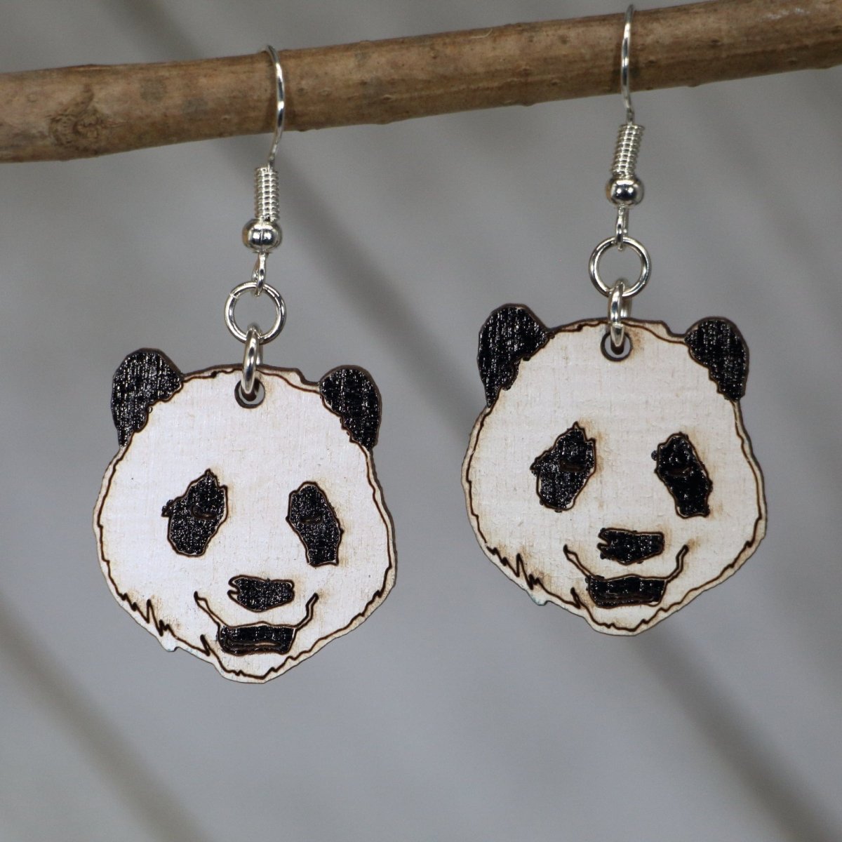 Panda Bear Face Wooden Dangle Earrings - - Cate's Concepts, LLC