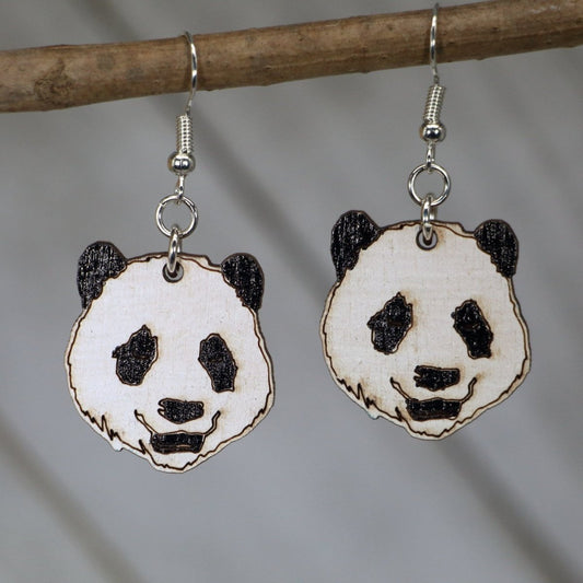 Panda Bear Face Wooden Dangle Earrings - - Cate's Concepts, LLC