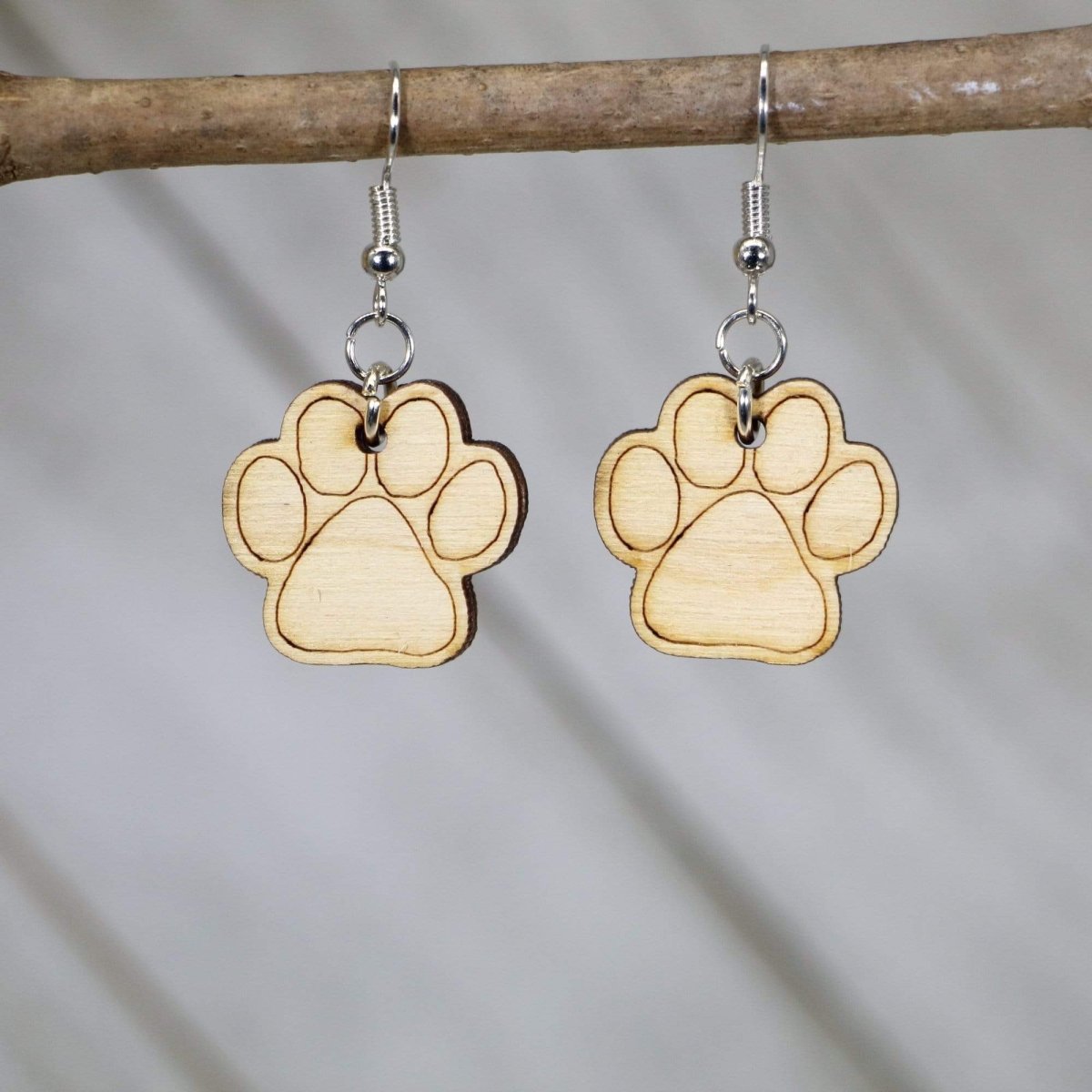 Paw Print Dangle Earrings - Natural Wood Dangle - Cate's Concepts, LLC
