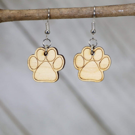 Paw Print Dangle Earrings - Natural Wood Dangle - Cate's Concepts, LLC