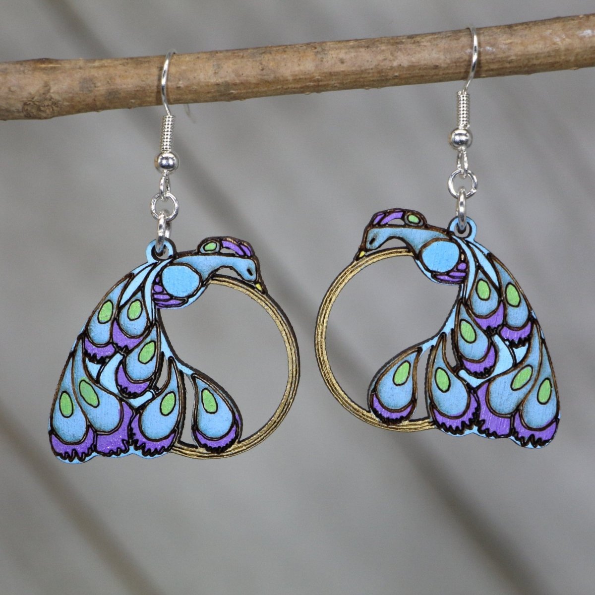 Peacock on Gold Ring Wooden Dangle Earrings - - Cate's Concepts, LLC