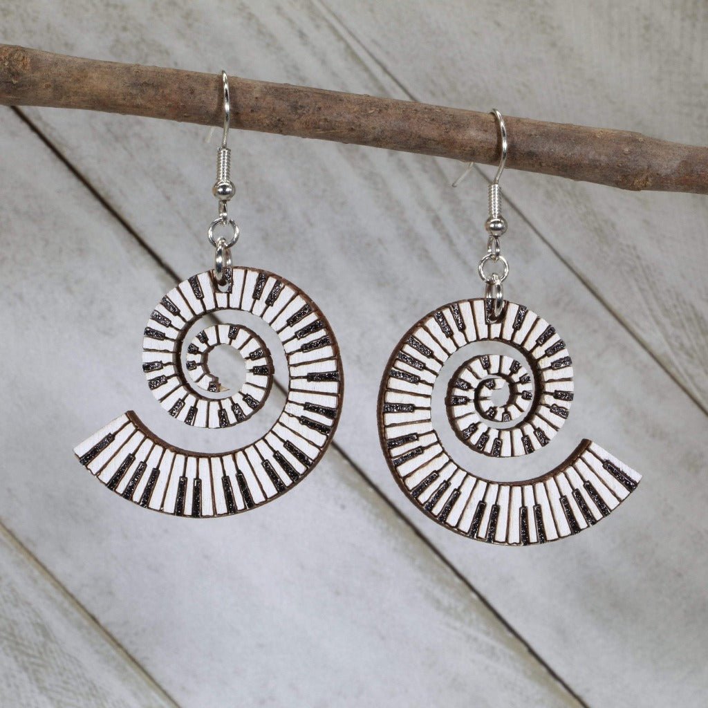 Piano Swirling Keyboard Wooden Dangle Earrings - - Cate's Concepts, LLC