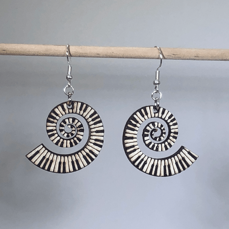 Piano Swirling Keyboard Wooden Dangle Earrings - - Cate's Concepts, LLC