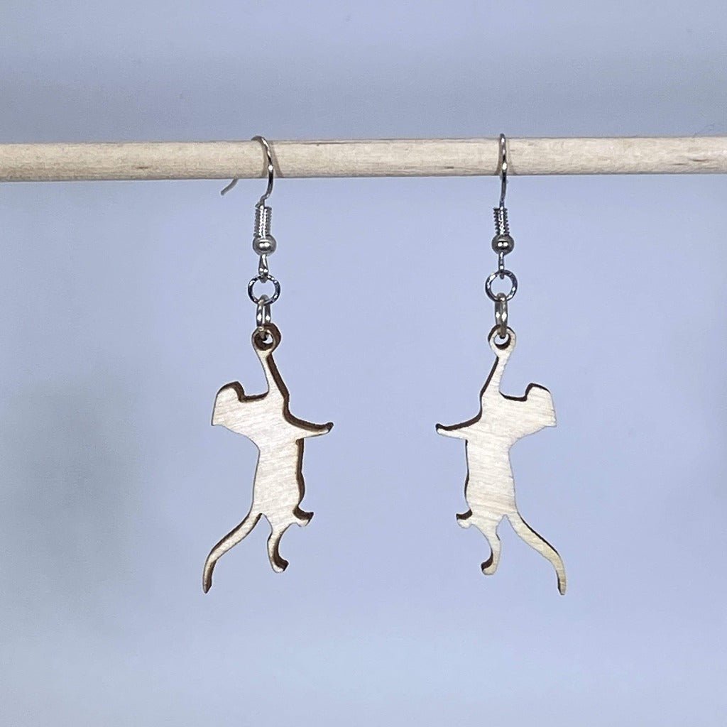 Playful Hanging Cat Wooden Dangle Earrings - - Cate's Concepts, LLC