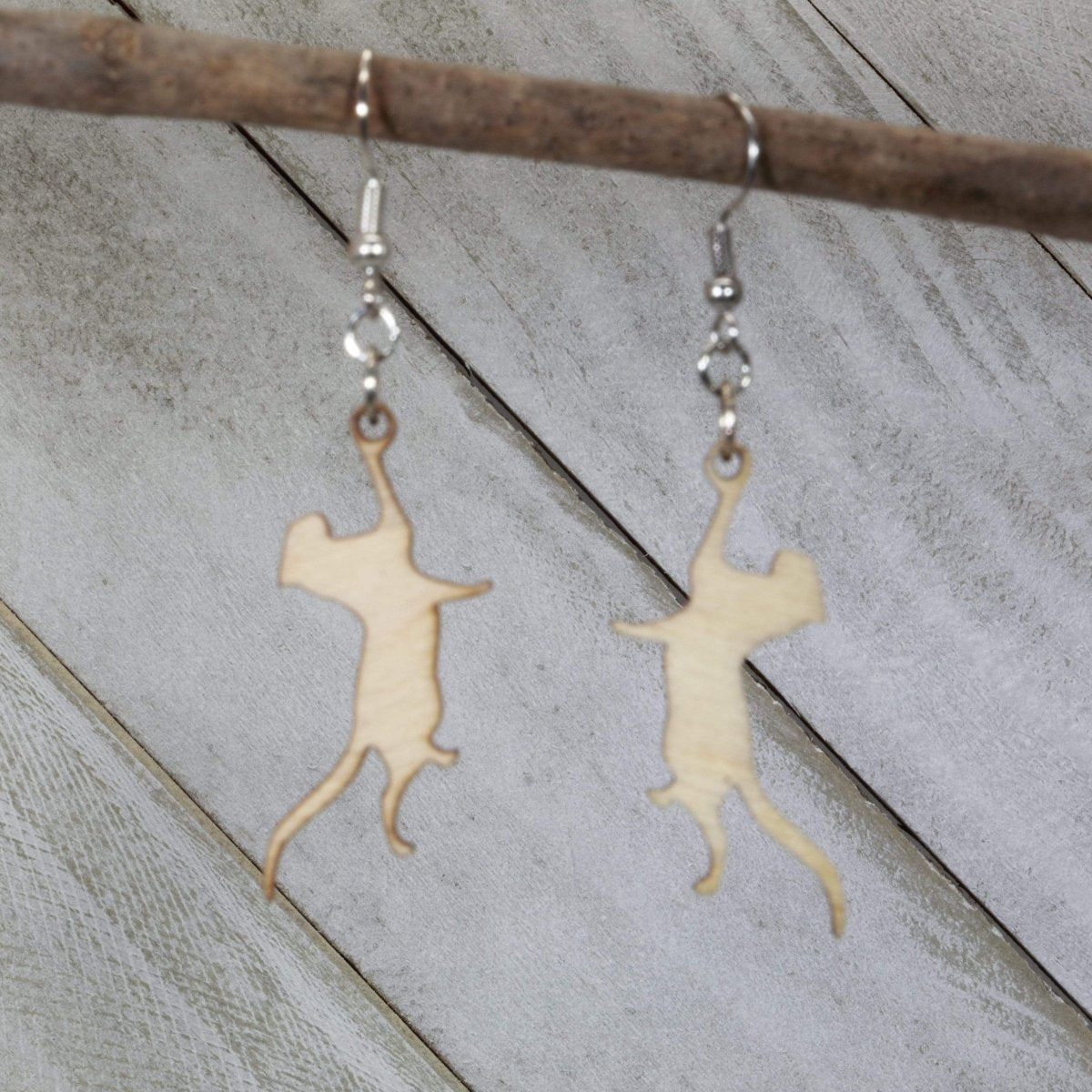 Playful Hanging Cat Wooden Dangle Earrings - - Cate's Concepts, LLC