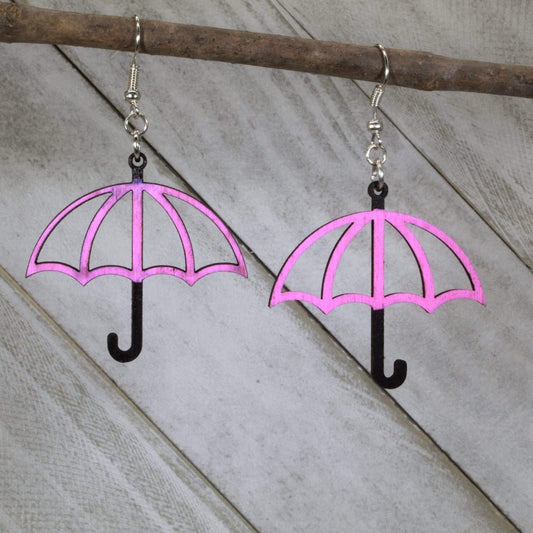 Rainy Day Umbrella Wooden Dangle Earrings - Pink and Black - Cate's Concepts, LLC