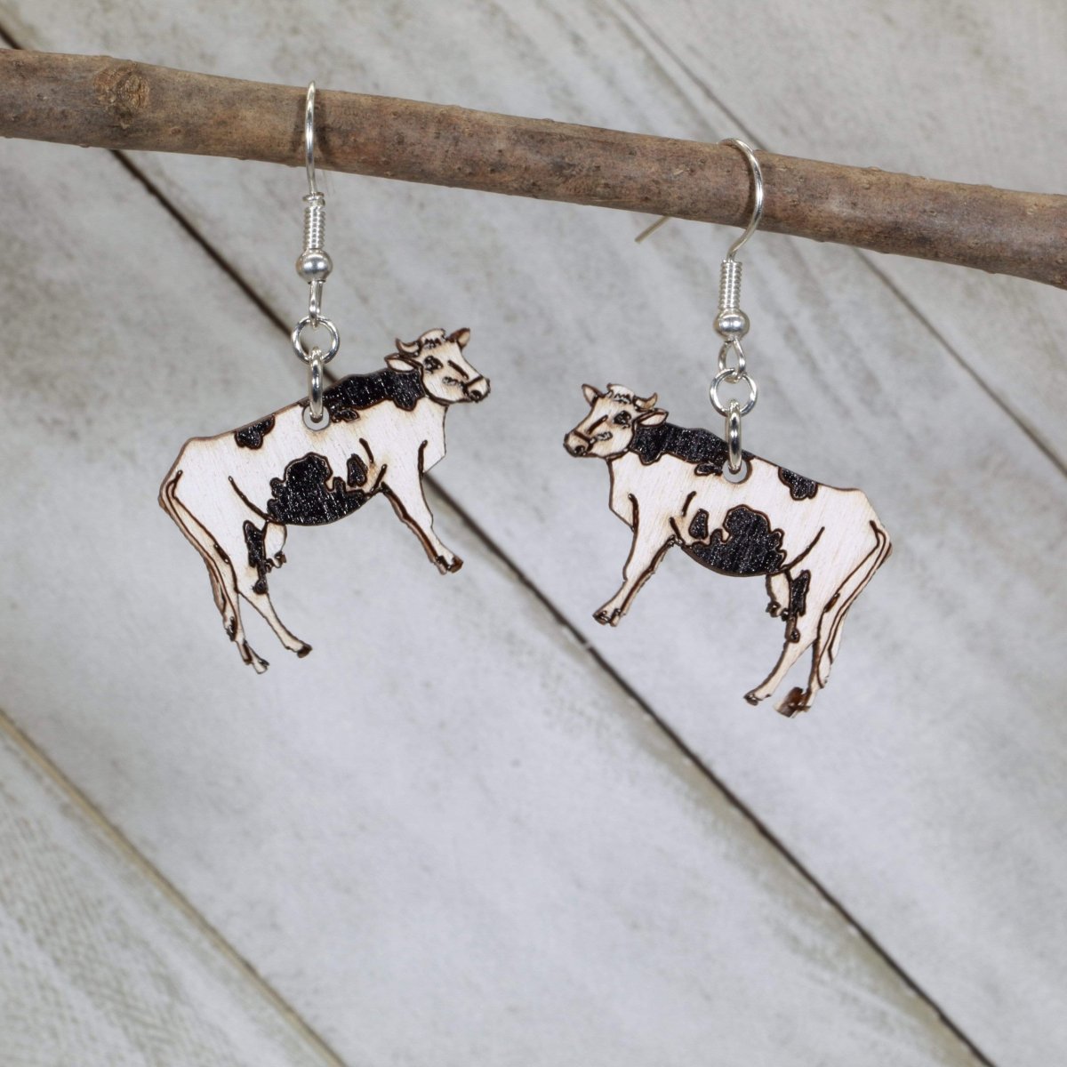 Realistic Cow Wooden Dangle Earrings - - Cate's Concepts, LLC