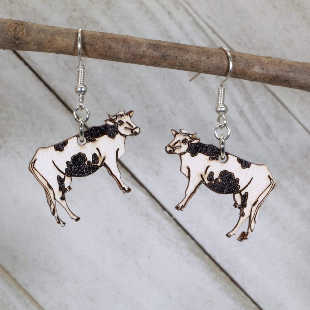Realistic Cow Wooden Dangle Earrings - - Cate's Concepts, LLC