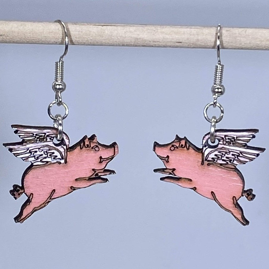 Realistic Flying Pig Wooden Dangle Earrings - - Cate's Concepts, LLC
