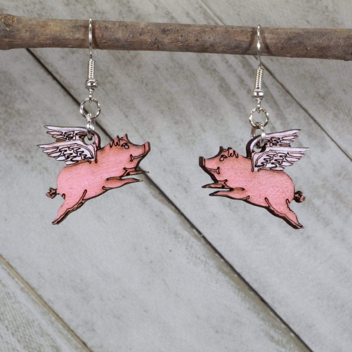 Realistic Flying Pig Wooden Dangle Earrings - - Cate's Concepts, LLC