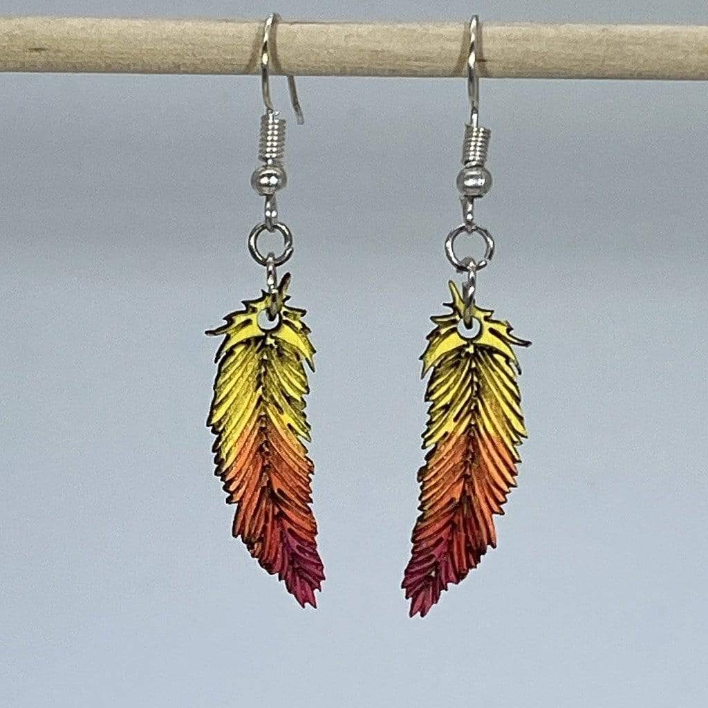 Red and Yellow Wooden Feather Dangle Earrings - - Cate's Concepts, LLC