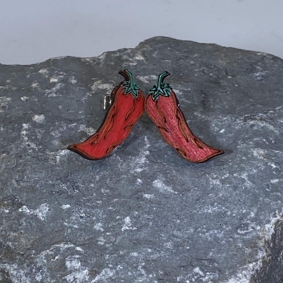 Red Hot Chili Pepper Wooden Earrings - Stud - Cate's Concepts, LLC
